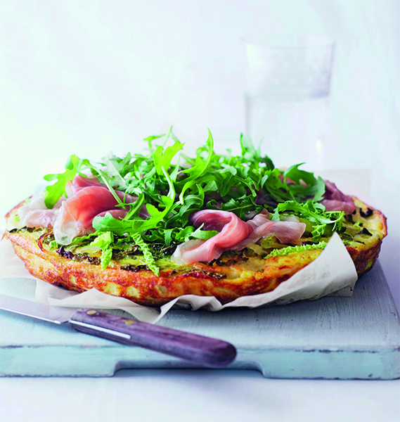 Savoy cabbage frittata with ham and rocket