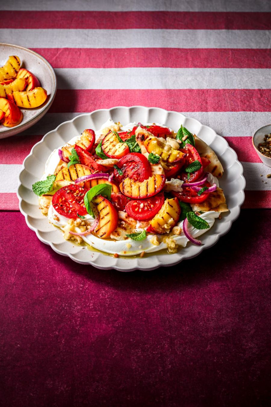Grilled South African peach, tomato, Labneh with crisp flatbread