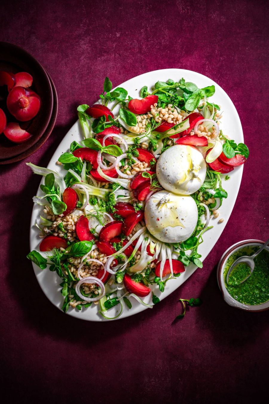 South African Plum, burrata and watercress salad with toasted barley