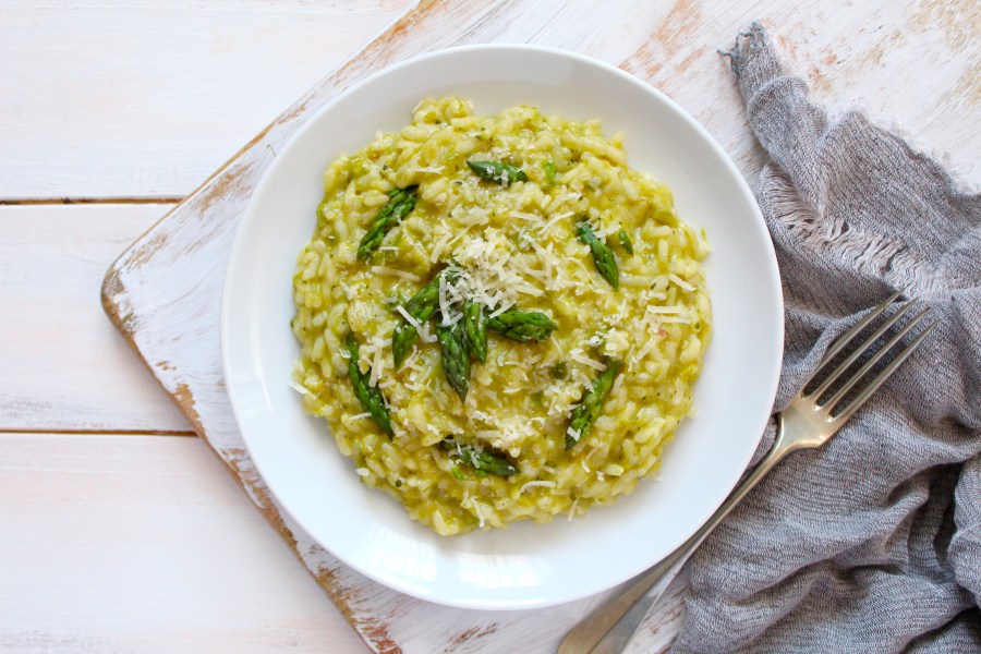 Asparagus risotto on a white plate