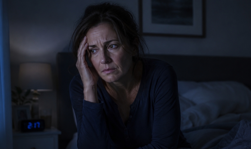 middle aged woman struggling to sleep, waking up in the middle of the night