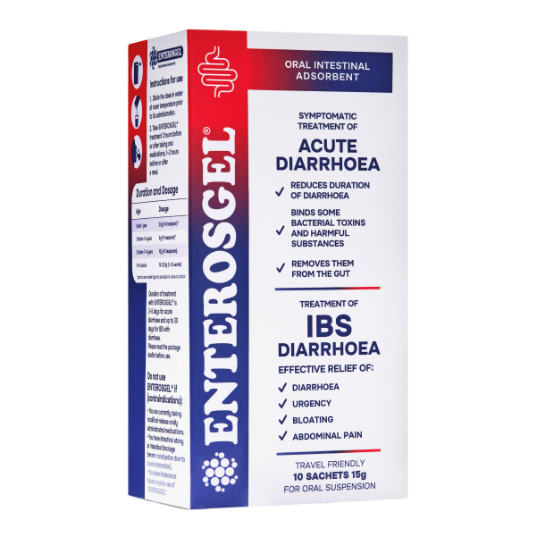 box of enteresogel sachets for diarrhoea and ibs relief