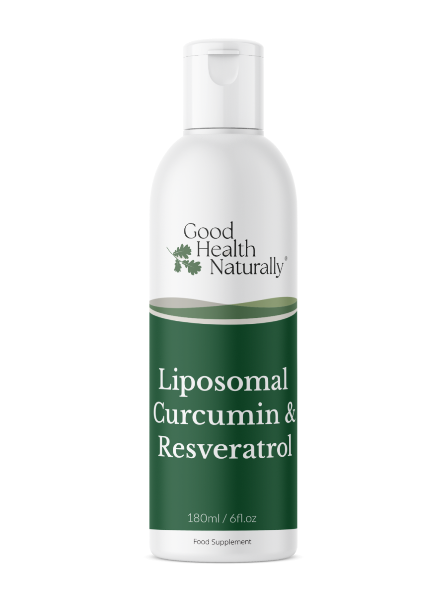 good health naturally bottle of liposomal curcumin and resveratrol supplement for brain health