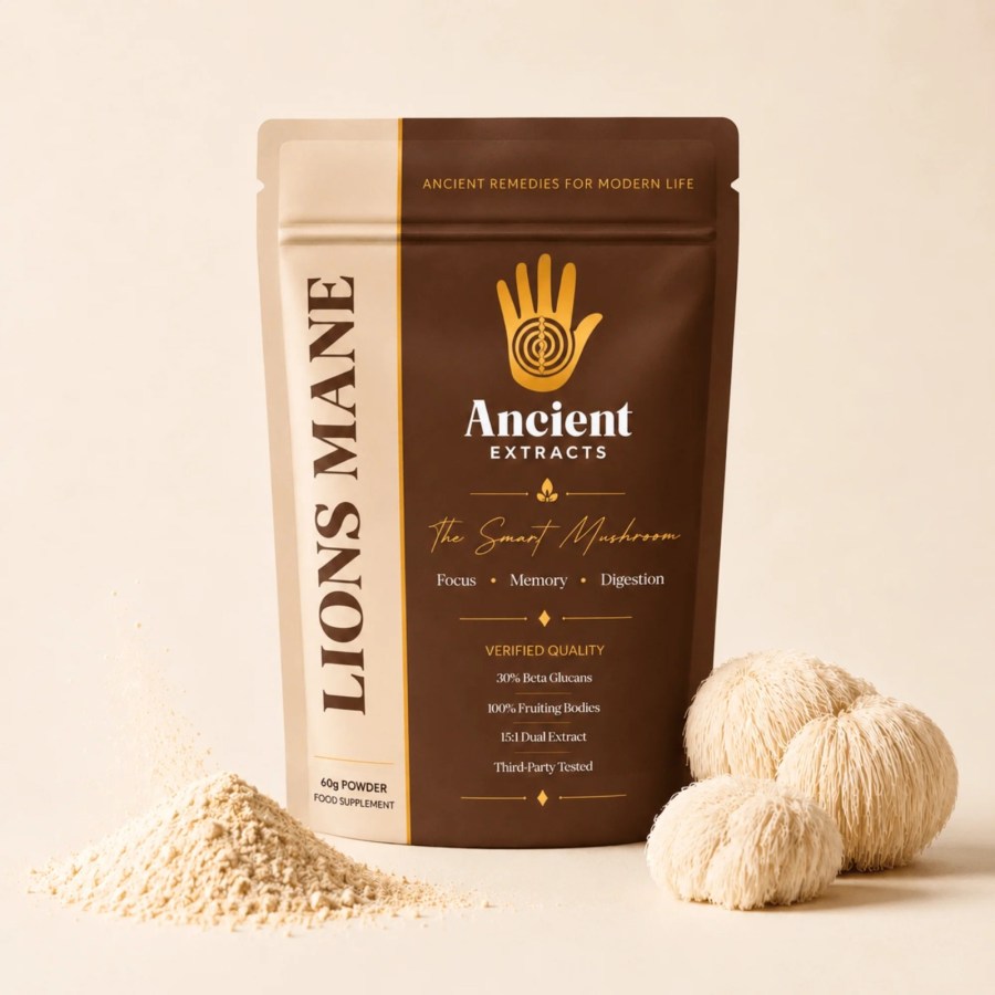 ancient extracts lion's mane supplement powder pouch for focus and brain health