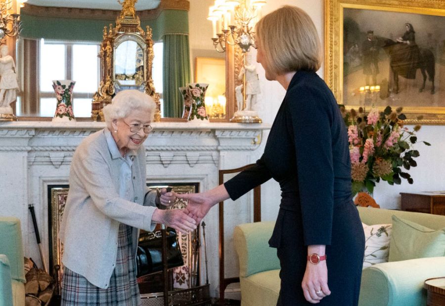 Queen Elizabeth greets newly elected leader of the Conservative party Liz Truss as she arrives at Balmoral Castle